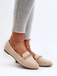 Błyszczące Mokasyny Damskie Z Łańcuchem Beżowe Aredilla