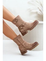 Botki Damskie Na Niskim Obcasie Z Klamrami Ciemnobeżowe Zudra