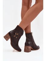 Botki Damskie Ażurowe Z Naturalnej Skóry Na Słupku Zazoo 3690 Czekoladowe