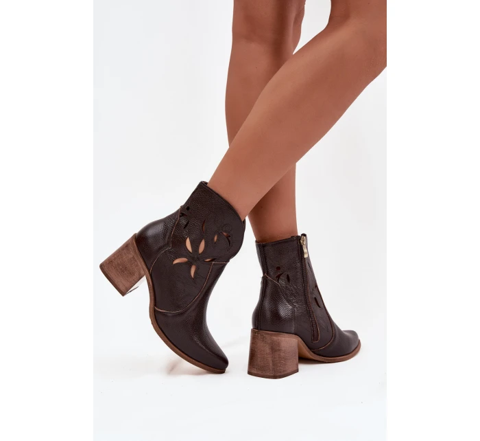 Botki Damskie Ażurowe Z Naturalnej Skóry Na Słupku Zazoo 3690 Czekoladowe