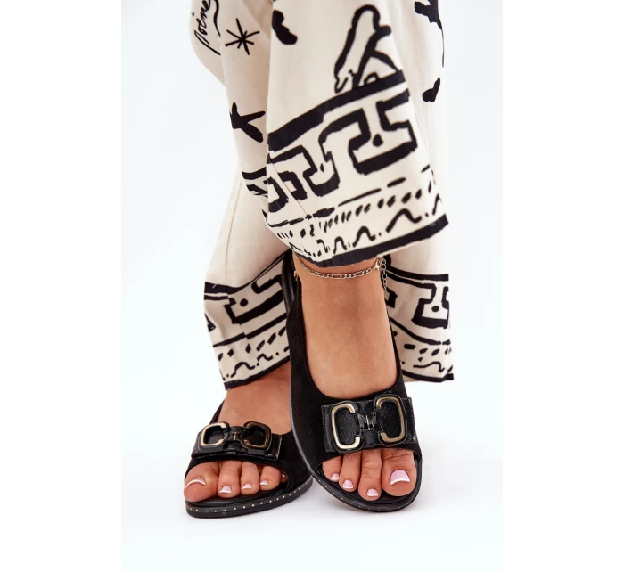 Płaskie Sandały Z Ozdobą Eko Zamszowe Czarne Lilria