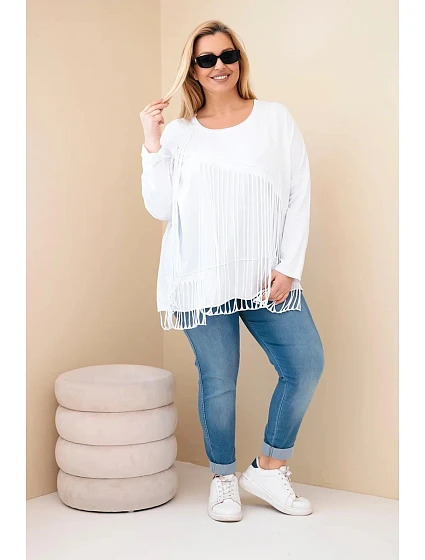 Dámská bavlněná blůza Plus Size s třásněmi bílá