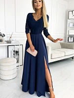 309-6 AMBER elegantné čipkované dlhé šaty s výstrihom - ZELENÉ