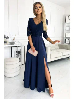AMBER Tmavě modré elegantní dámské dlouhé krajkové šaty s výstřihem model 18012873 - numoco