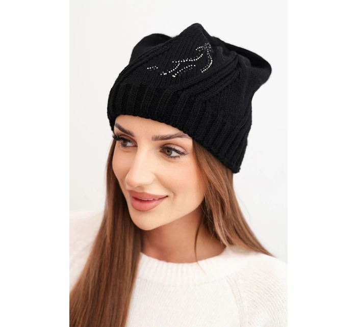 Dámska zimná čiapka s vlnou a džersejovým lemom K480 čierna Dámska zimná čiapka s vlnou a džersejovým lemom K480 čierna