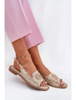 Kožené Sandály S Dekorací Na Plochém Podpatku model 21696779 Zlaté - S.Barski Kožené Sandály S Dekorací Na Plochém Podpatku model 21696779 Zlaté - S.Barski