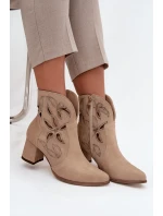 Zamszowe Ażurowe Botki Damskie Na Słupku Zazoo 3647 Beżowe