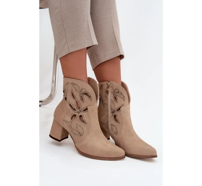 Zamszowe Ażurowe Botki Damskie Na Słupku Zazoo 3647 Beżowe