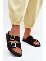 Dámské nazouváky z imitace semiše s zlatými přezkami Černé model 22125551 - Boto