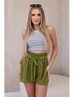 Viskózové šortky viazané v páse olivové