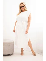 Dámské šaty Plus Size viskózové plisované s vázáním ecru