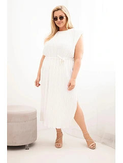 Dámské šaty Plus Size viskózové plisované s vázáním ecru