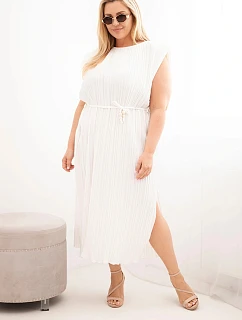 Dámské šaty Plus Size viskózové plisované s vázáním ecru
