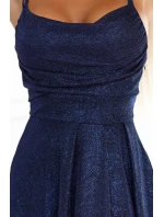 589-2 Dlhé šaty s jemnými trblietkami a korzetovým viazaním vzadu - tmavomodré s trblietkami