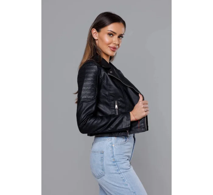 Krátká černá bunda ramoneska z ekologické kůže model 18117126 - J.STYLE Krátká černá bunda ramoneska z ekologické kůže model 18117126 - J.STYLE