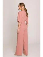 model 20966151 Kombinéza se širokými nohavicemi a zavinovacím výstřihem růžová - STYLOVE