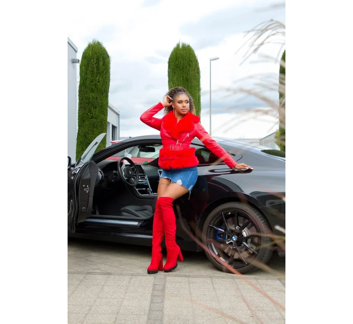 Dámská sexy kožená bunda s kožešinou Červená model 21041666 - In-style Fashion Dámská sexy kožená bunda s kožešinou Červená model 21041666 - In-style Fashion