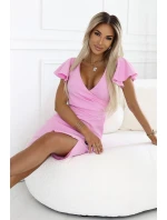 model 21143321 NINA elegantní šaty s obálkovým výstřihem, rukávy a páskem Candy Pink - numoco