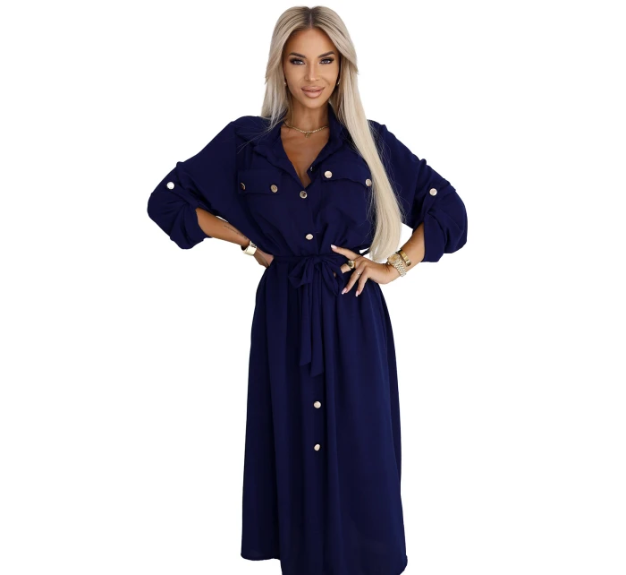 model 21208909 Midi košilka se zlatými knoflíky a vázáním ZELENÁ - numoco basic