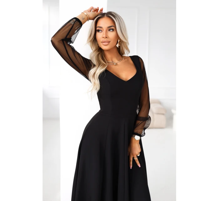 LORETTA dlouhé šaty s rukávy a výstřihem černé model 21791763 - numoco