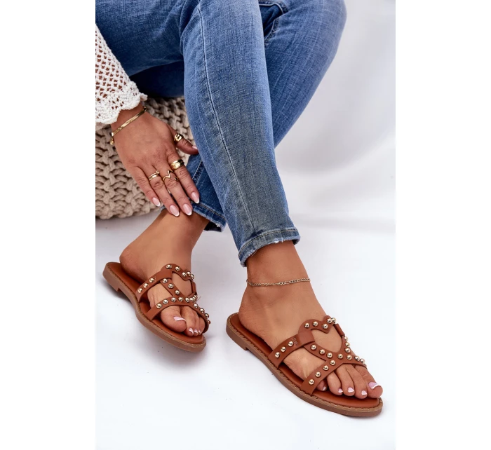 Zdobione Płaskie Klapki Damskie Camel Adivrae