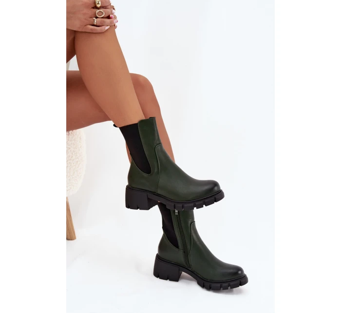 Botki Damskie Na Klocku Eko Skórzane Ciemnozielone Kyra Botki Damskie Na Klocku Eko Skórzane Ciemnozielone Kyra