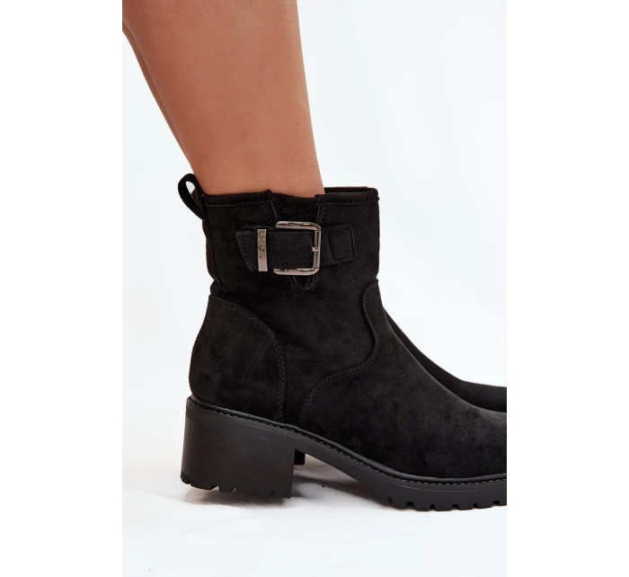 Ocieplane Botki Damskie Na Niskim Obcasie Klocku Z Klamrą Czarne  Helvina