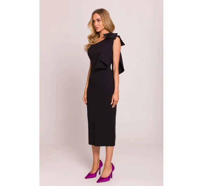 model 20970618 Šaty na jedno rameno s mašlí černé - Moe