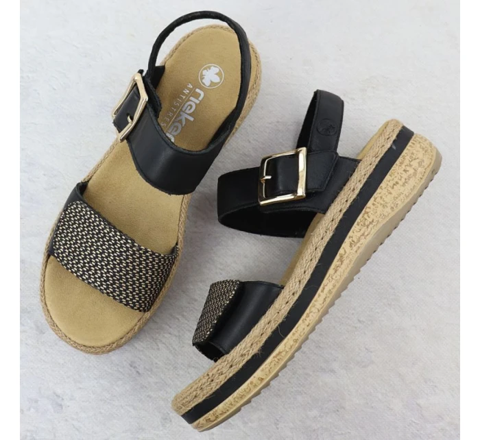 Dámské kožené sandály na podpatku se suchým zipem černé model 21904999 - Rieker