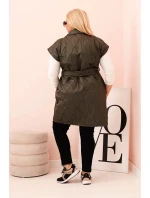 Dámská vesta Plus Size prošívaná s páskem a límcem khaki