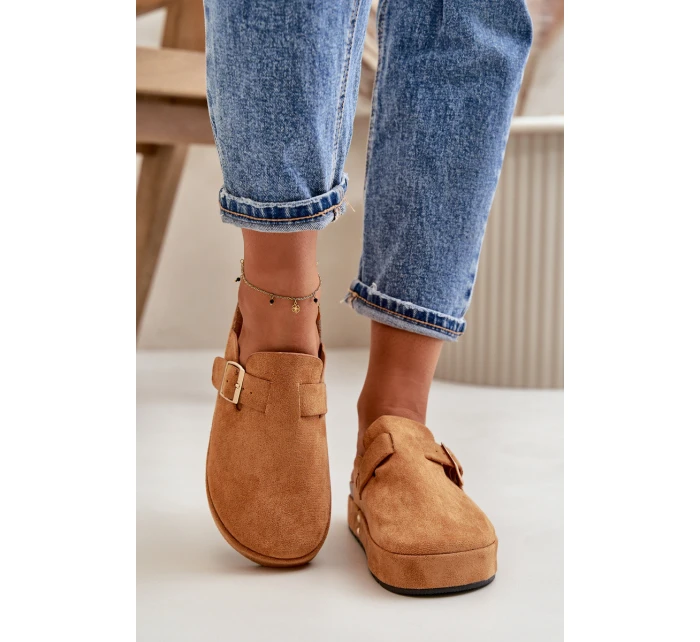 Damskie Klapki Chodaki Na Platformie Ze Złotą Klamrą Camel Terilaina Damskie Klapki Chodaki Na Platformie Ze Złotą Klamrą Camel Terilaina