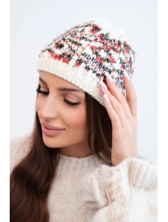 Dámska zimná vlnená čiapka s nórskym vzorom K354 ecru+red