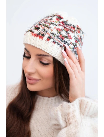 Dámska zimná vlnená čiapka s nórskym vzorom K354 ecru+red