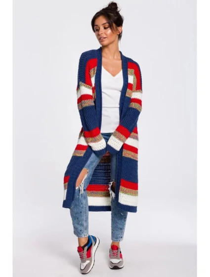 Dámsky dlhý sveter BK036 model 4 Tmavo modrá červená - BeWear