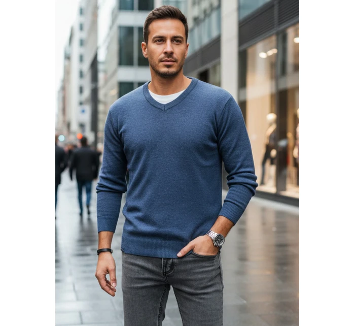 Pánsky modrý sveter s výstrihom do V FashionStreet WX2317