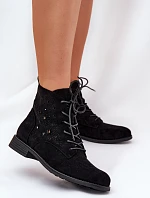 Sznurowane Botki Z Ażurowym Wzorem S.Barski HY51-136 Czarne