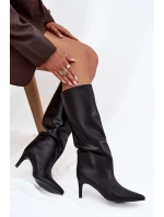 Dámské nazouvací zateplené kozačky na podpatku černé olivové