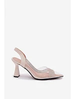 Priehľadné sandále na podpätku s kamienkami Vinceza 62282 light beige