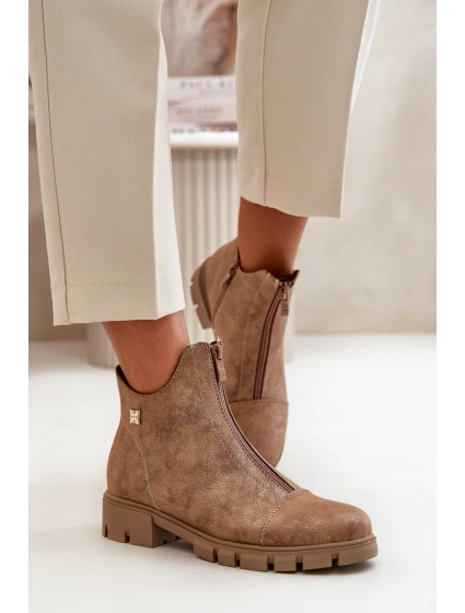 Ocieplane Botki Damskie Z Przetarciami Eko Skórzane Brązowo-Złote Verietta