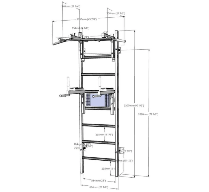 DREVENO-KOVOVÝ GYMNASTICKÝ REBRÍK S HRAZDOU A PRÍSLUŠENSTVOM BENCHK 232W