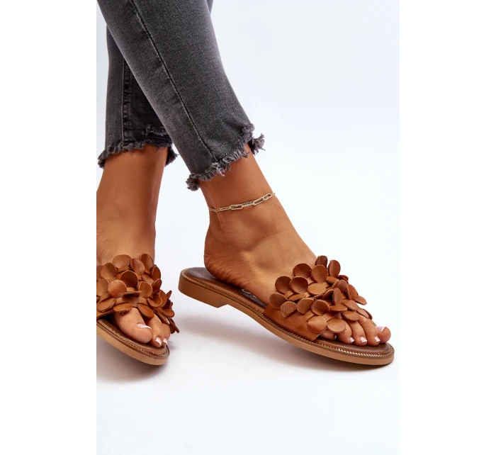 Zazoo 40381 Damskie Skórzane Klapki Na Płaskim Obcasie Brązowe