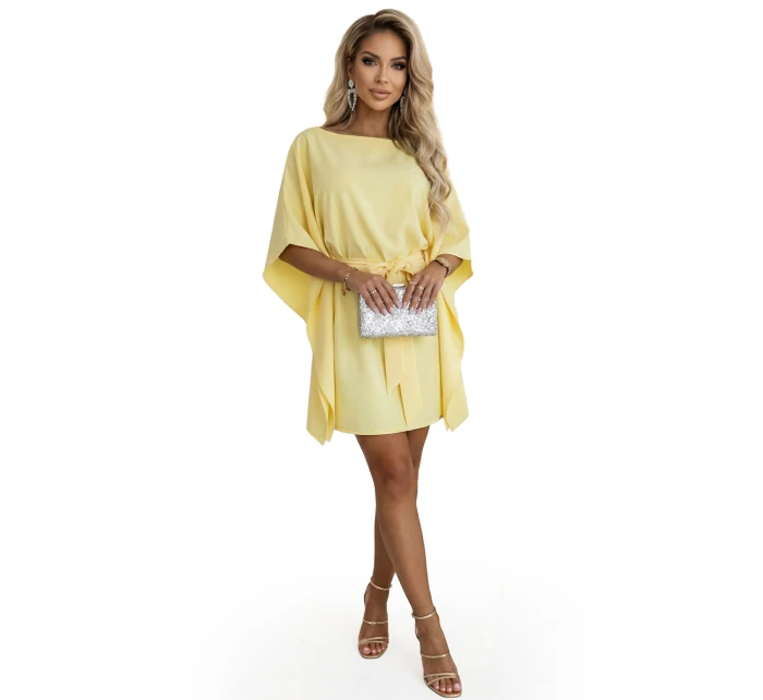 287-41 SOFIA Motýlie šaty so zaväzovaním v páse - pastelový citrón