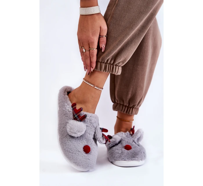 Damskie Świąteczne Futrzane Papcie Z Reniferem Szare Clarie