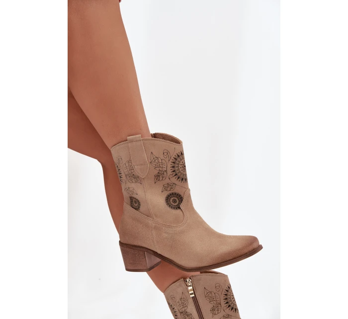 Zamszowe Skórzane Botki Damskie Ażurowe Na Obcasie Zazoo 3844 Beżowe
