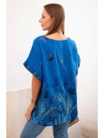 Dámske bavlnené tričko s kvetinovým vzorom chrpovo modré