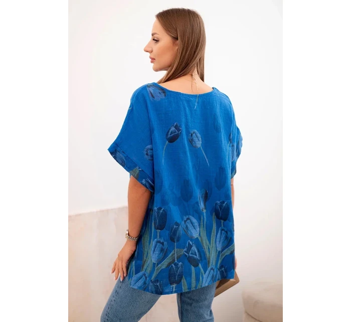 Dámske bavlnené tričko s kvetinovým vzorom chrpovo modré