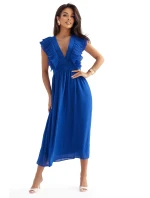 367-3 YANA Midi šaty so skladanými volánmi a výstrihom - chrpová