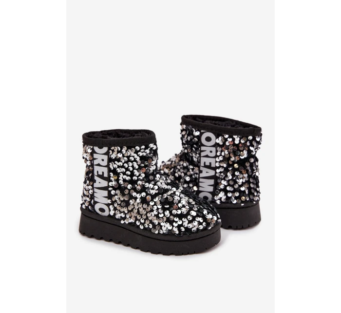 Dziecięce Śniegowce Botki Ocieplane Z Cekinami Czarno-Srebrne Rebbica