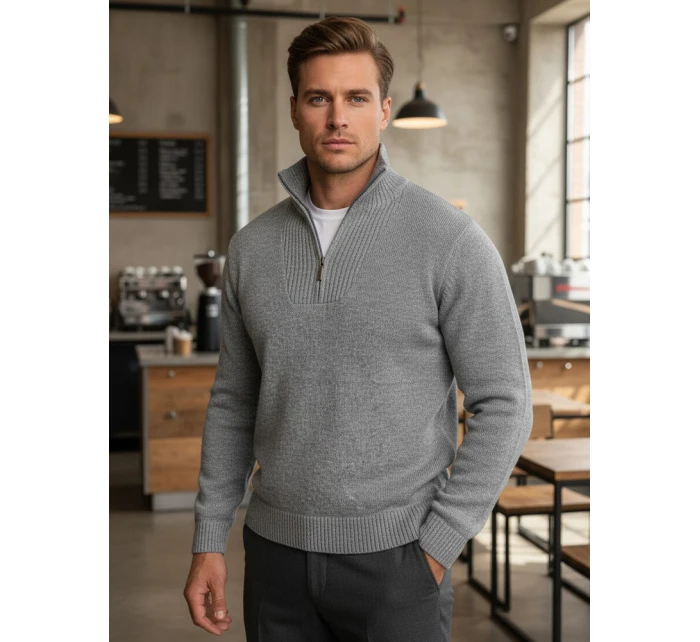 Pánsky zateplený sveter so stojacím golierom svetlo sivý FashionStreet WX2353 Pánsky zateplený sveter so stojacím golierom svetlo sivý FashionStreet WX2353