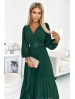 414-1 KLARA plisované šaty s opaskom a výstrihom - BOTTLE GREEN 414-1 KLARA plisované šaty s opaskom a výstrihom - BOTTLE GREEN